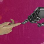 Human and robot hand touching against pink background; automation for supporting small business websites; new southern solutions