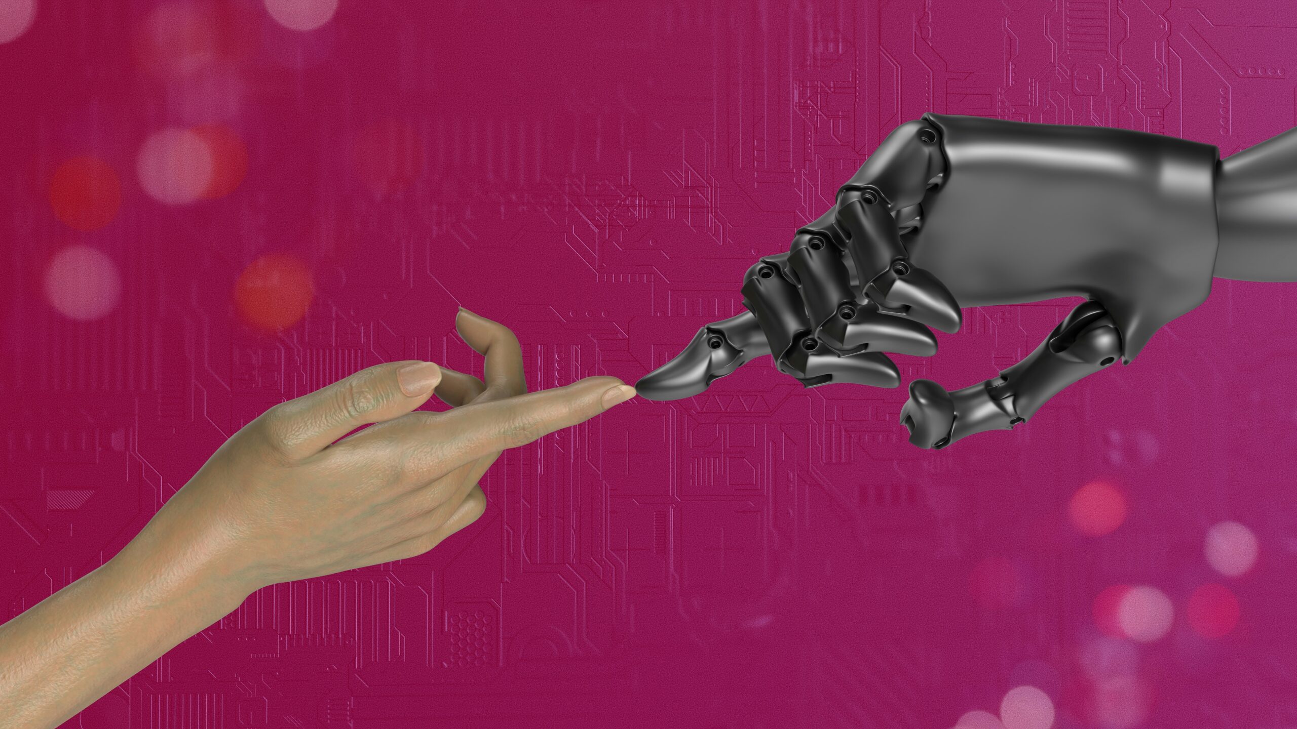Human and robot hand touching against pink background; automation for supporting small business websites; new southern solutions